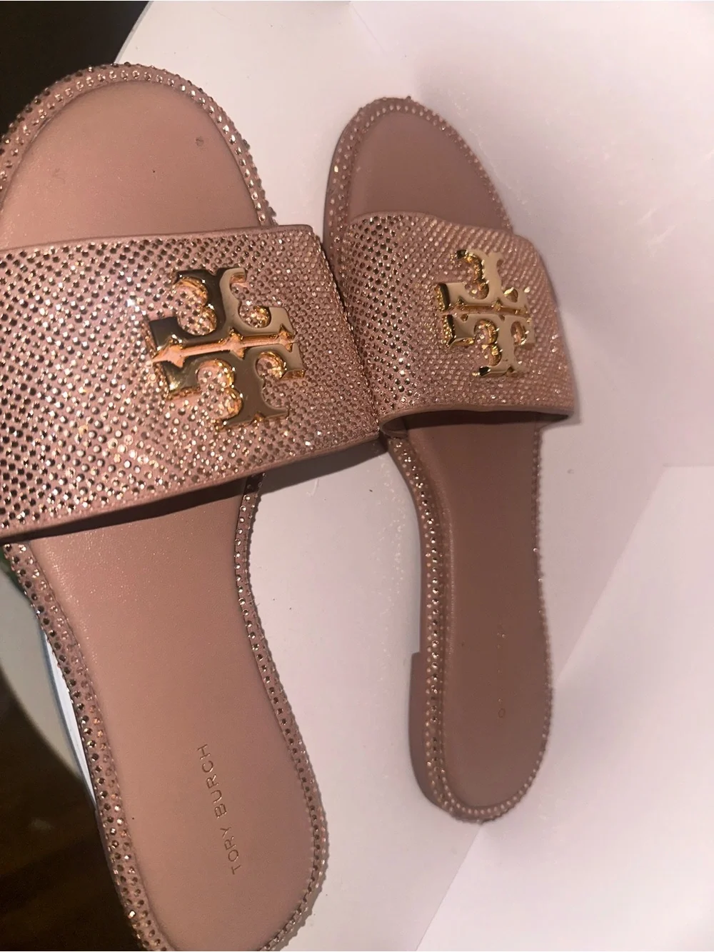 Tory Burch Blush Crystal-Studded Logo Slide Sandals